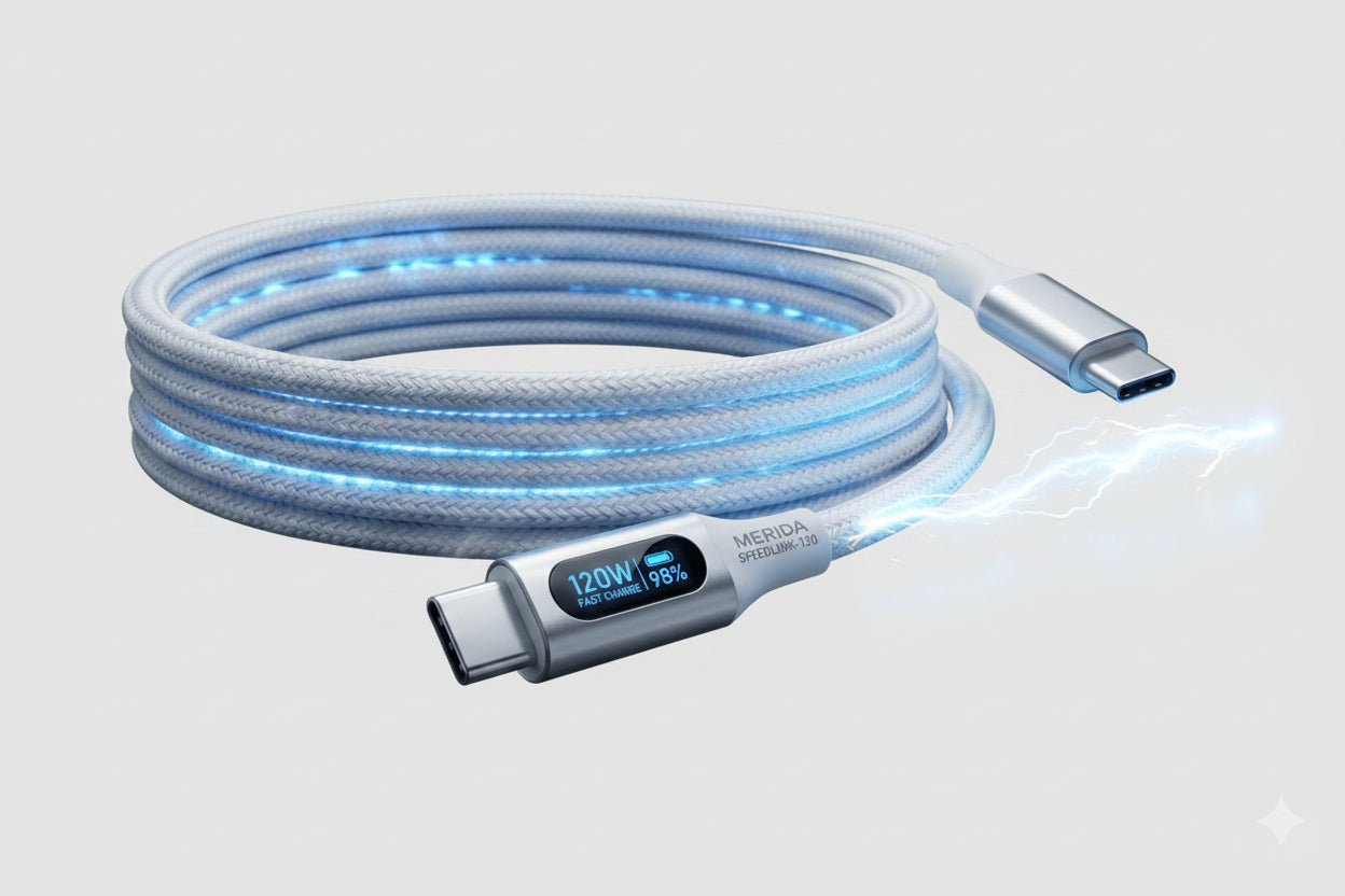 A coiled white braided USB-C cable with glowing blue LED lighting and a digital display showing 120W/75W power transfer, connected to a smartphone on a dark tabletop with a stylized blue energy effect.